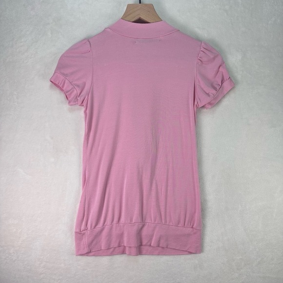 Y2K Scene Pink Barbiecore Ruffle Front Mock Neck Short Sleeve Blouse Size S Top - Picture 9 of 10